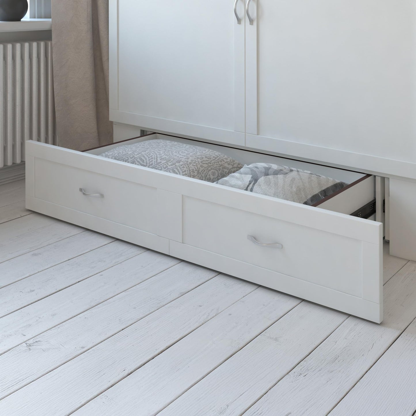 AFI Hamilton Queen Murphy Bed Chest with Mattress, Storage, and Built-in Charger in White