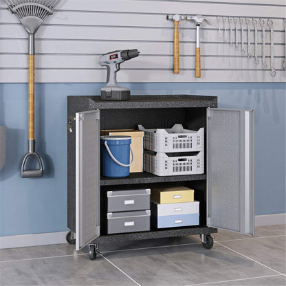 Manhattan Comfort Fortress 3-Piece Textured Garage Storage Set, Includes Mobile Metal Cabinet Chests and Worktable, Space-Saving Design, 25 Gauge Metal, Lockable Wheels, 1.0 Series, Grey