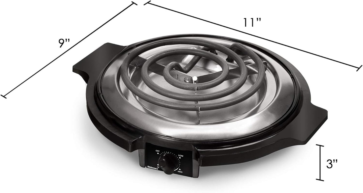 Elite Gourmet ESB-300X Single Countertop Coiled Burner, 1000 Watts Electric Hot Plate, Black, Easy to Clean