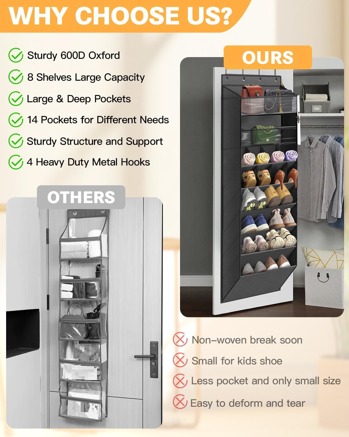 LEHKG 8 6 8 Closet Over The Door Shoe Storage Organizer, Tiers Hanging Shoe Rack Behind Door Shoe Holder with Large