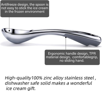 Heavy Duty Ice Cream Scoop, Commercial Antifreeze-Metal Scoop with Hook, Professional Easy-Grip Unbreakable (Silver)