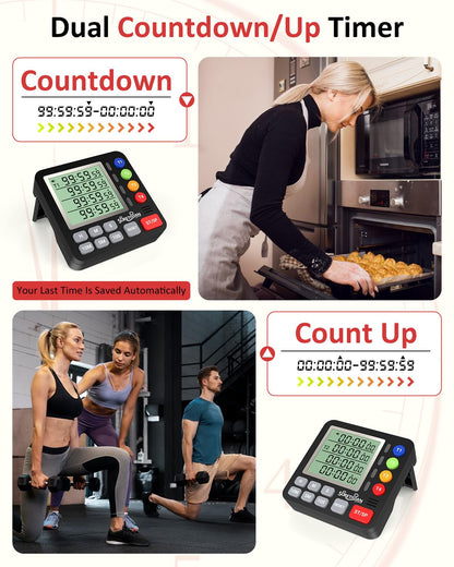 Digital Kitchen Timer for Cooking - 4 Channel Count Up Countdown Timer with Loud Alarm and Silent Mode, Large Display, Magnetic Back, Auto Memory for Classroom Study Gym, Battery Included (Black)