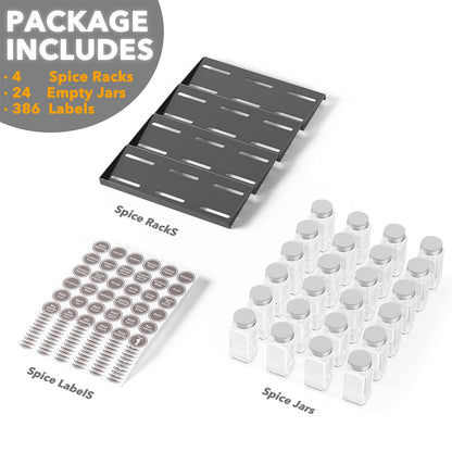 SpaceAid Spice Drawer Organizer with 28 Spice Jars, 386 Spice Labels, 4 Tier Seasoning Rack Tray Insert for Kitchen Drawers, 13" Wide x 17.5" Deep