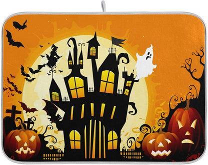 Halloween Dish Drying Mat, 18x24 Inch Scary Ghost on Tree Pumpkin Drying Pad for Kitchen Countertops