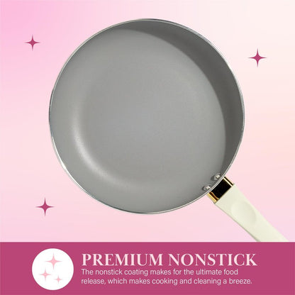 Paris Hilton Epic Nonstick Pots and Pans Set, Multi-layer Nonstick Coating, Tempered Glass Lids, Soft Touch, Stay Cool Handles, Made without PFOA, Dishwasher Safe Cookware Set, 12-Piece, Cream