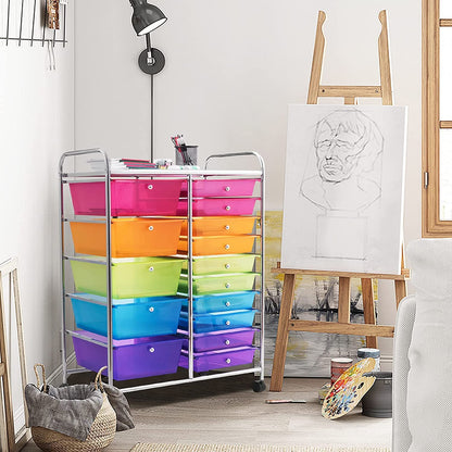MEDIMALL 15 Drawers Rolling Storage Cart, Multipurpose Craft Storage Cart with Wheels, Mobile Tools Scrapbook Paper Organizer Cart for School Home Office Use (Rainbow)