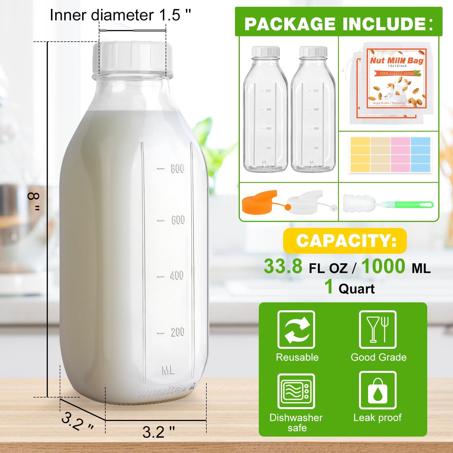 CARBLIN 32 Oz Glass Milk Bottles, 2 Pack Scale Mark Drinking Jug with 2 Nut Milk Bags& Airtight Screw Lid & Silicone Pour Cap& Stickers, 1 Quart Reusable Juice Bottle Water Pitcher for Coffee Yogurt