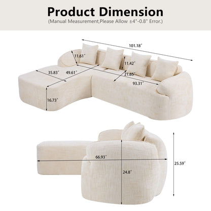 KEIKI 101.18" Cloud Sofa, Chenille L-Shape Sectional Sofa with Chaise, Four Pillows, Compressed Sofa Couch for Living Room, Guest, Bedroom, No Assembly Required, Beige