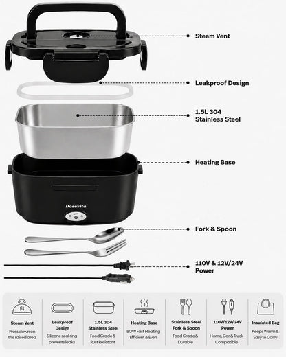 Dosevita Electric Lunch Box for Adults, 80W Heated Lunch Box 1.5L 304 Stainless Steel Portable Food Warmer,12/24/110V Lonchera Eléctrica Portátil for Car, Truck, Work, Travel