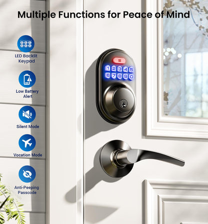 Veise Keyless Entry Door Lock with 2 Lever Handles - Electronic Keypad Deadbolt, Auto Lock, Back Lit & Easy Installation Design, Front Door Handle Sets, Satin Nickel