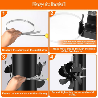 Heat Powered Fireplace Fan Wall Mounted, Wood Stove Fan Thermal Fan for Wood/Log Burning Stove Pellet/Gas Burner, Stove Accessories Thermometer (6 Blade)