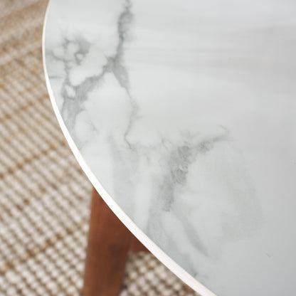 SAFAVIEH Home Collection - Samie Coffee Table, Round White Ceramic Faux Marble Top with Walnut Brown Wood Base (COF2902A)