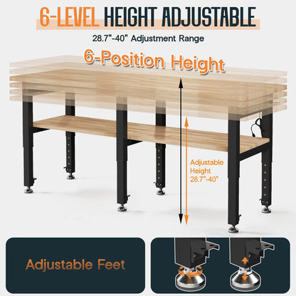 SPECRAFT 72"x24" 2-Tier Adjustable Workbench with 4 AC Outlet and 2 USB Ports Power Outlets, 6000 Lbs Capacity Heavy Duty Workbench, Rubber Wood Top for Garage, Workshop, Office