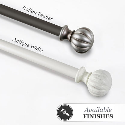 Kenney Rachel Fluted Ball Window Curtain Rod, Adjustable 28-48 Inch, Antique White