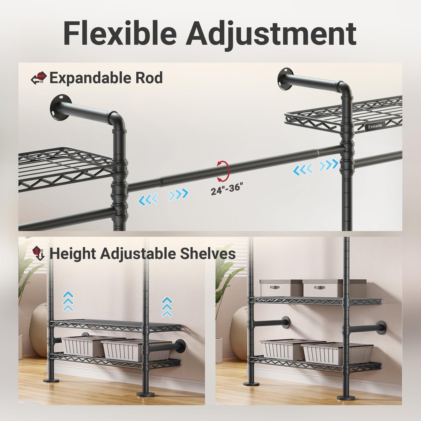 Timate U4 U Shape Garment Rack Heavy Duty Clothes Rack for Hanging Clothes, Expandable Industrial Pipe Clothing Rack Wall Mounted Closet Extra Large Closet Rack Walk in Closet System, Closet Kit Black