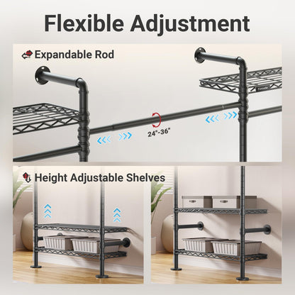 Timate U4 U Shape Garment Rack Heavy Duty Clothes Rack for Hanging Clothes, Expandable Industrial Pipe Clothing Rack Wall Mounted Closet Extra Large Closet Rack Walk in Closet System, Closet Kit Black