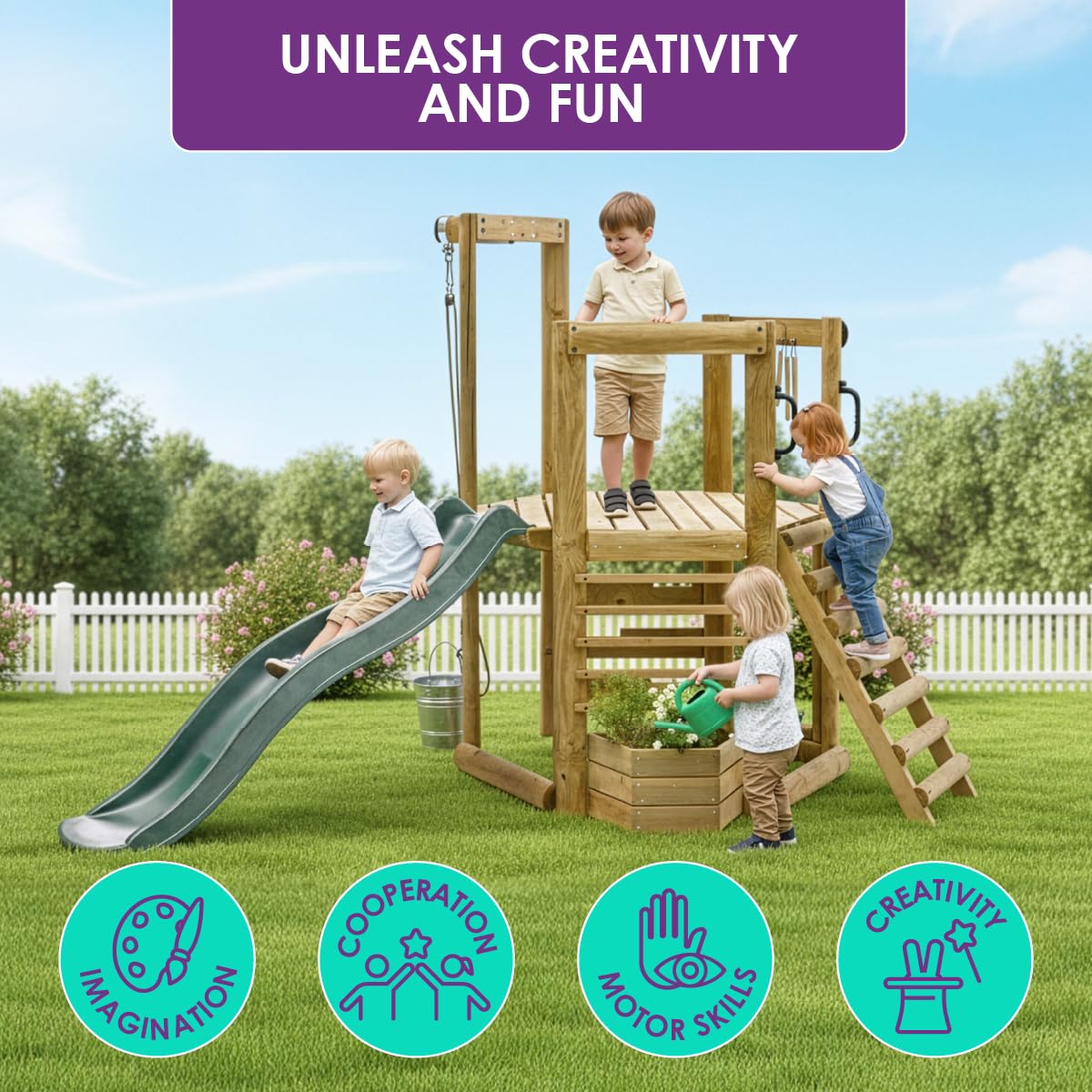 Plum Discovery Wooden Outdoor Playset, Toddler Slide, Playground Sets For Backyards, Kids Yard Play Equipment with Painting Easel, Bucket, Built-In Planter Box, Climbing Wall, Weatherproof, Age 3+ Yrs