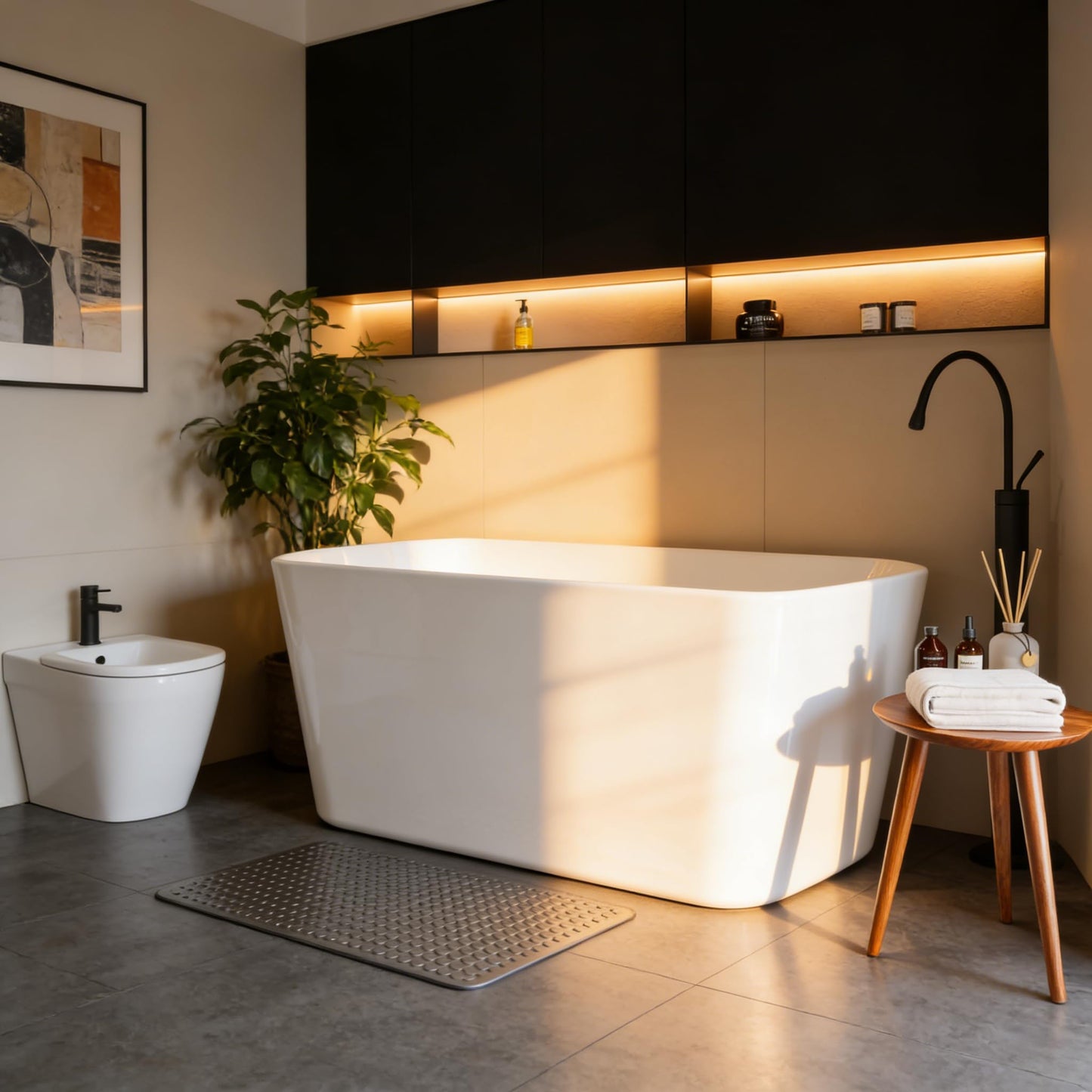 49" Acrylic Freestanding Soaking Bathtub, Matte Drain & Black Overflow, Modern Design Tub for Home Bathroom Renovations, Glossy White