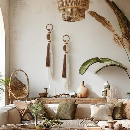 IOWER 2Pcs Macrame Wall Hanging Boho Home Decor Fiber Art with Sphere Knots Tassels Handmade Yarn Art for Bedroom Living Room Office Entryway