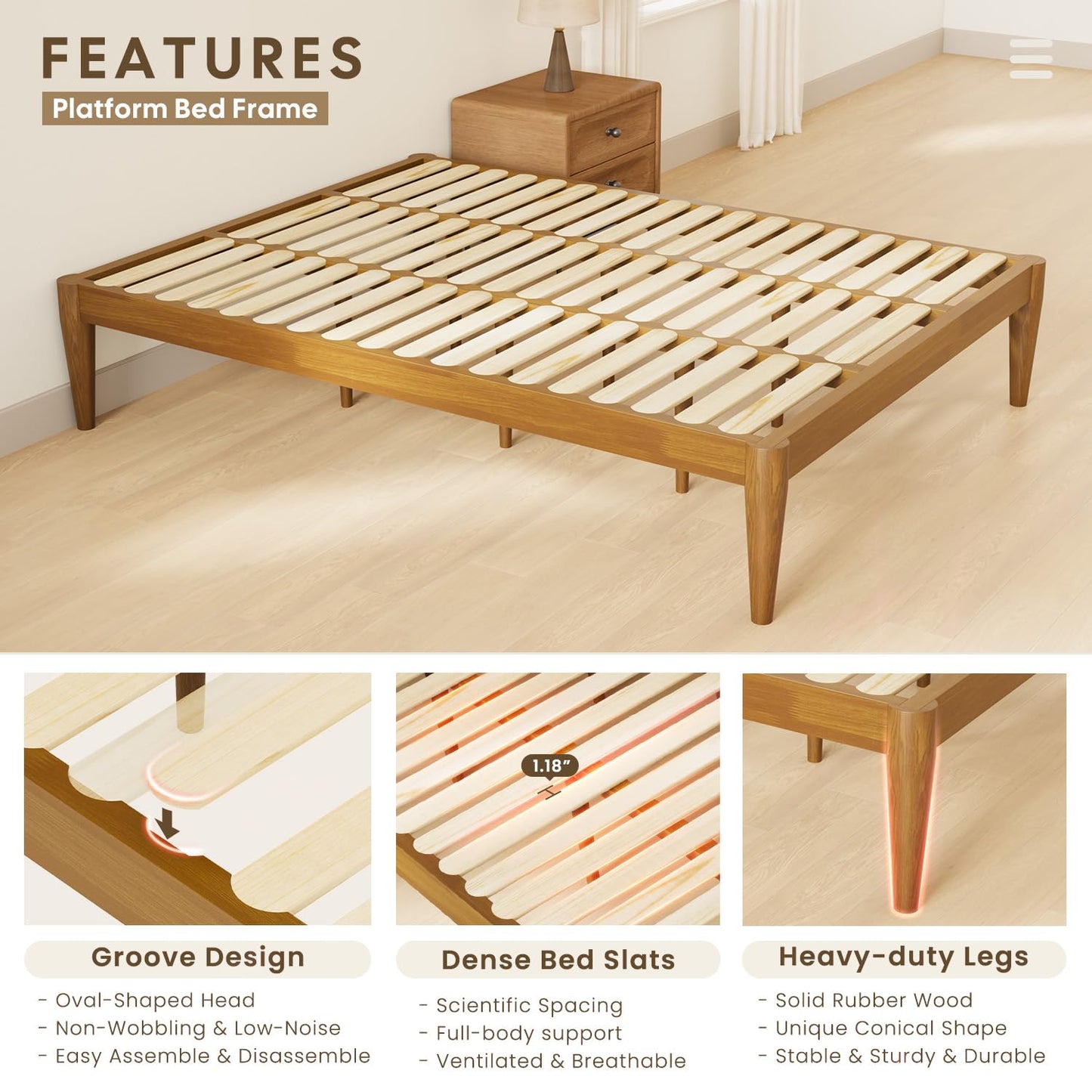 IOTXY Twin Platform Bed Frame - Solid Wood 16-Inch Height Mattress Foundation Base with Densely Slats and Heavy-Duty Support Legs, No Box Spring Needed, Teak
