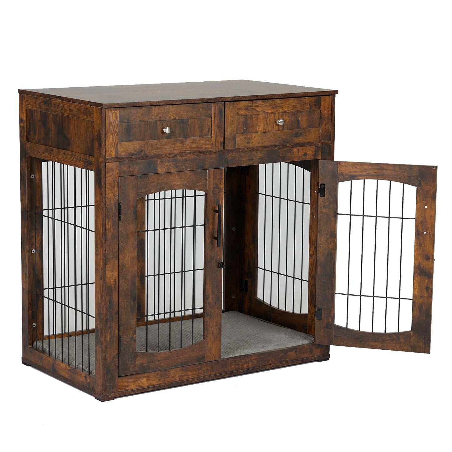 Dog Crate Furniture with Double Drawers, Wooden End Table Dog Kennel, Furniture Style Wood House Crate for Large Dogs, Decorative Dog Crate with Storage for Large Breed, 40 Inch Retro