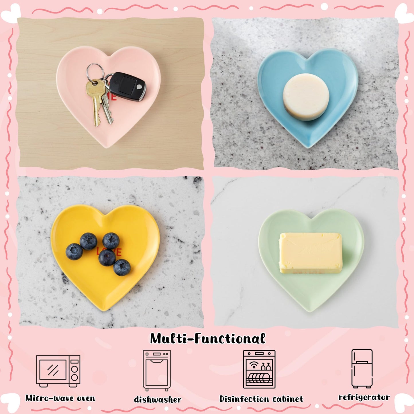 Valentine's Day Ceramic Spoon Rest for Stovetop - 4Pcs Conversation Heart Spoon Rest Set Heart Shape Cooking Ladle Holders Sauce Dishes Utensil Rests for Kitchen Countertop Decor Valentines Gift Favor