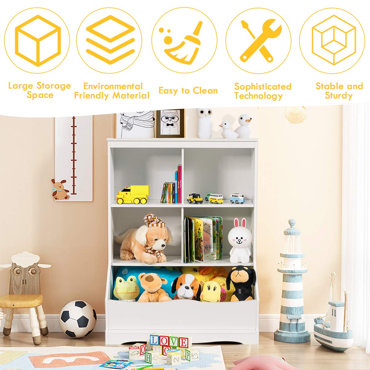 Giantex Storage Cabinet, Cubby Toy Organizer, 3 Shelf 4 Cube Units, Storage Bins Cubbies for Kids' Collections, Kids Bookshelf and Bookcase for Children Playroom Hallway Kindergarten School, White