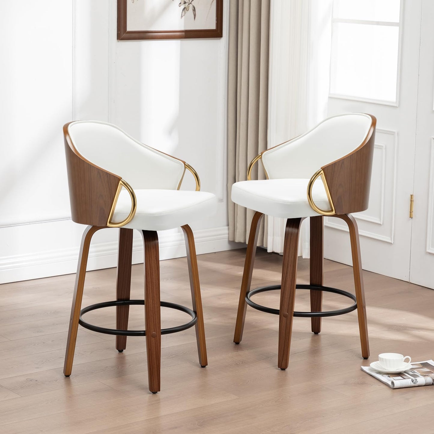 YOUUGIOR 30" Swivel Bar Height Bar Stools Set of 2,White Leather Tall Barstools Mid Century Modern Bar Chairs with Wood Legs and Golden Arms for Kitchen Dining Pub Cafe