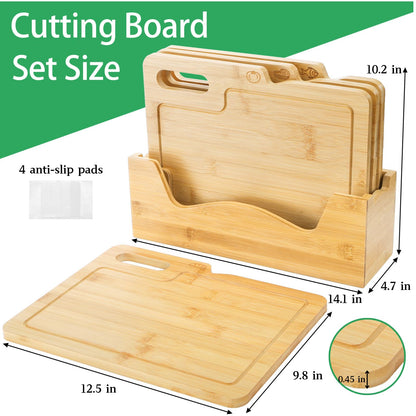 ZENFUN 4 Pack 12.5"L x 9.8"W Bamboo Cutting Boards with Holder, Wood Cutting Board Set, Chopping Boards Set with Food Icons, Kitchen Cutting Board Ideal for Meat, Fish, Bread, Vegetable, Fruit