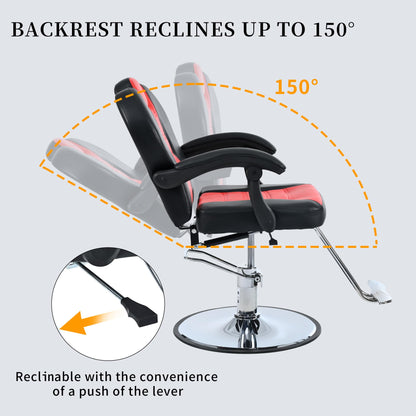 Classic Reclining Barber Salon Chair, for Hair Stylist with Heavy Duty Hydraulic Pump, 360° Rotation, Tattoo Shampoo Beauty Equipment, Red+Black