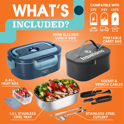 TRAVELISIMO Electric Lunch Box for Adults 100W Heated Lunch Box For Men 1.5L Stainless Steel Portable Food Warmer, 12/24/110V for Travel & Work, Loncheras Electricas Para Calentar almuerzo