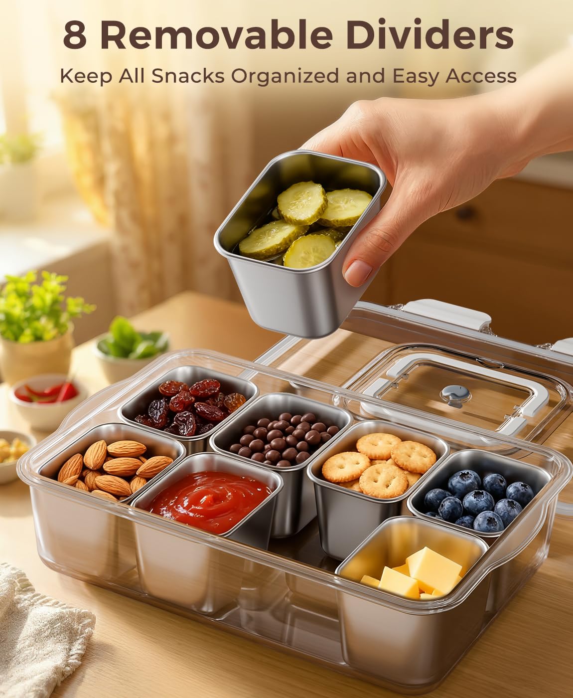 Osfel Snackle Box Container with 8 Removable Stainless Steel Compartments Divided Serving Tray with Portable Handle for Beach, Road Trip, Picnic, Boat Days, Ball Games, Pool and Parties