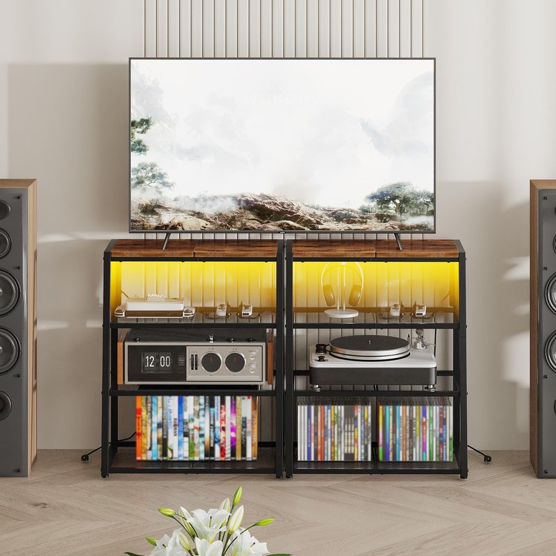 HOOBRO 4-Tier AV Media Stand, Stereo Stand with Charging Station and LED Light, Wooden Stereo Cabinet, Rack Audio Tower, Corner Entertainment Center, 30'', Rustic Brown and Black BF107UDCJ01
