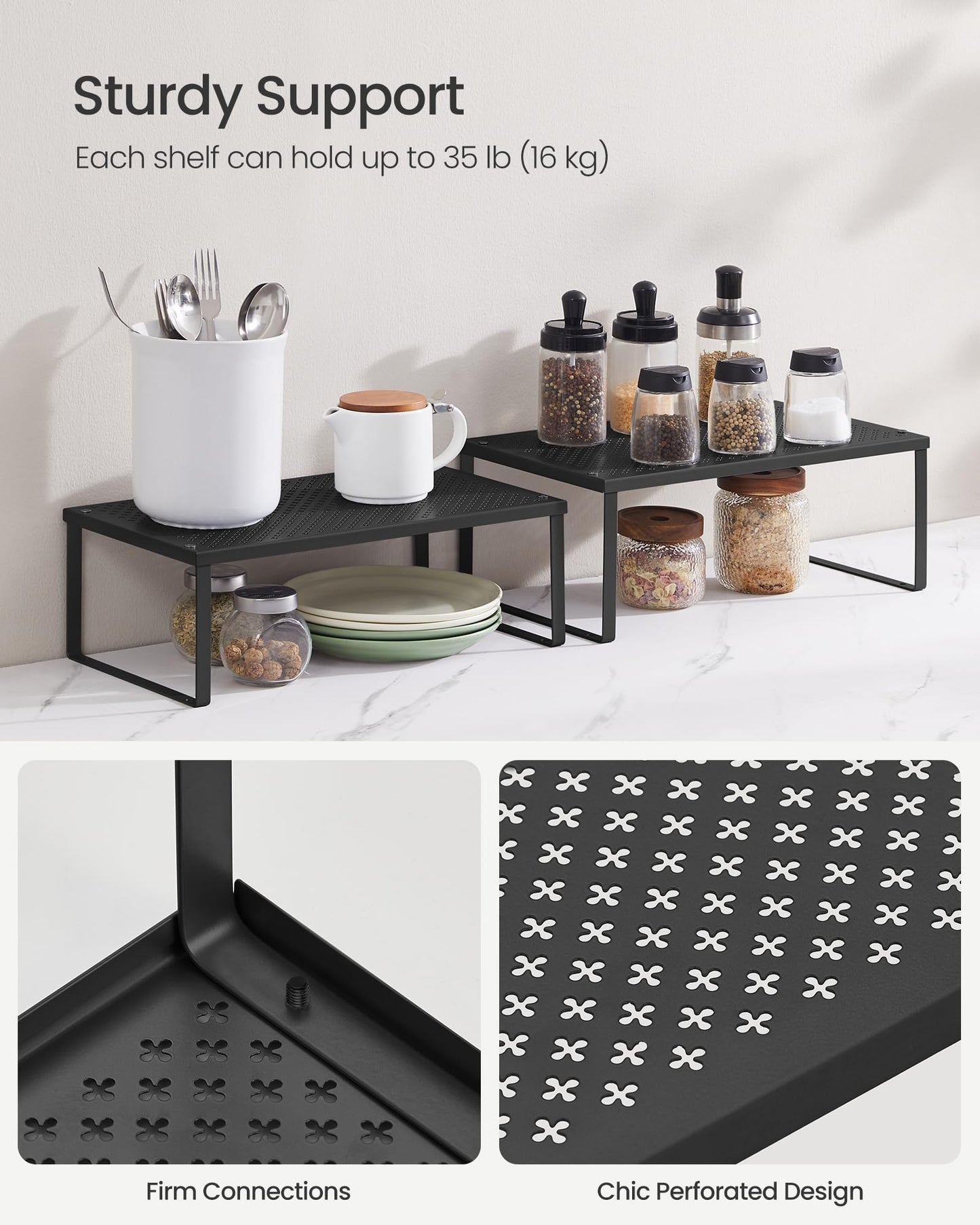 SONGMICS Spice Racks, Set of 2 Metal Cabinet Shelf Organizers, Countertop Organizers, Shelf Risers, Stackable, Expandable, Silver UKCS01SV