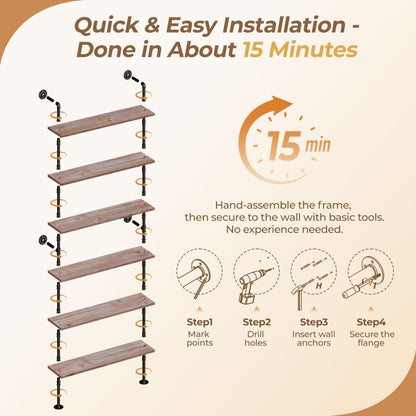 Anynice Industrial Ladder Pipe Shelf, Wall Mounted Wood Metal Bookshelf for Living Room Storage (Weathered Brown, 6 Tier - 10" D x 48" W x 82.5" H)