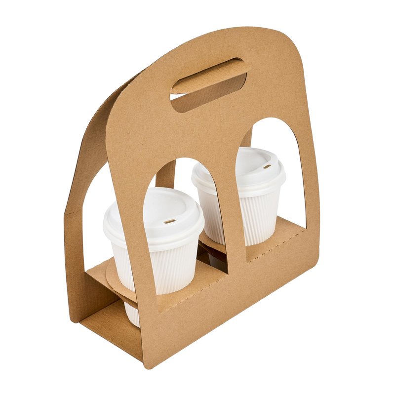 Restaurantware Bio Tek Drink Carriers 100 Disposable Cup Carriers With Handles - Holds 2 Cups For Delivery Or To Go Kraft Paper Drink Holders Built-In Handle Fits Multiple Beverages