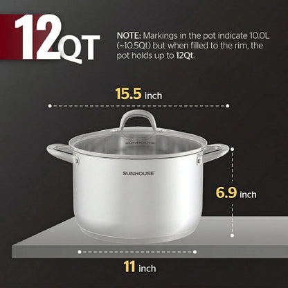 SUNHOUSE Stainless Steel Stock Pot - 11 Quart Heavy-Duty Induction Cooking Pot with Visible Lid for Pasta, Soup, Spaghetti - Nonstick Thick-Bottom Deep Stockpot for Canning, Boiling, and Simmering