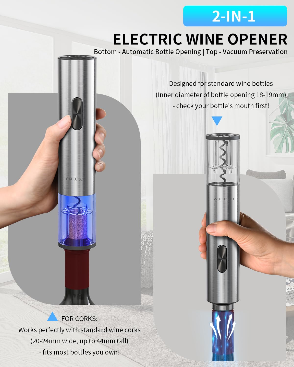 CIRCLE JOY Electric Wine Opener 7-in-1 Stainless Steel Rechargeable Electric Wine Bottle Opener Set with Automatic Vacuum Pump, Foil Cutter, Wine Pourer, 2 Vacuum Stoppers & Charging Station, Silver