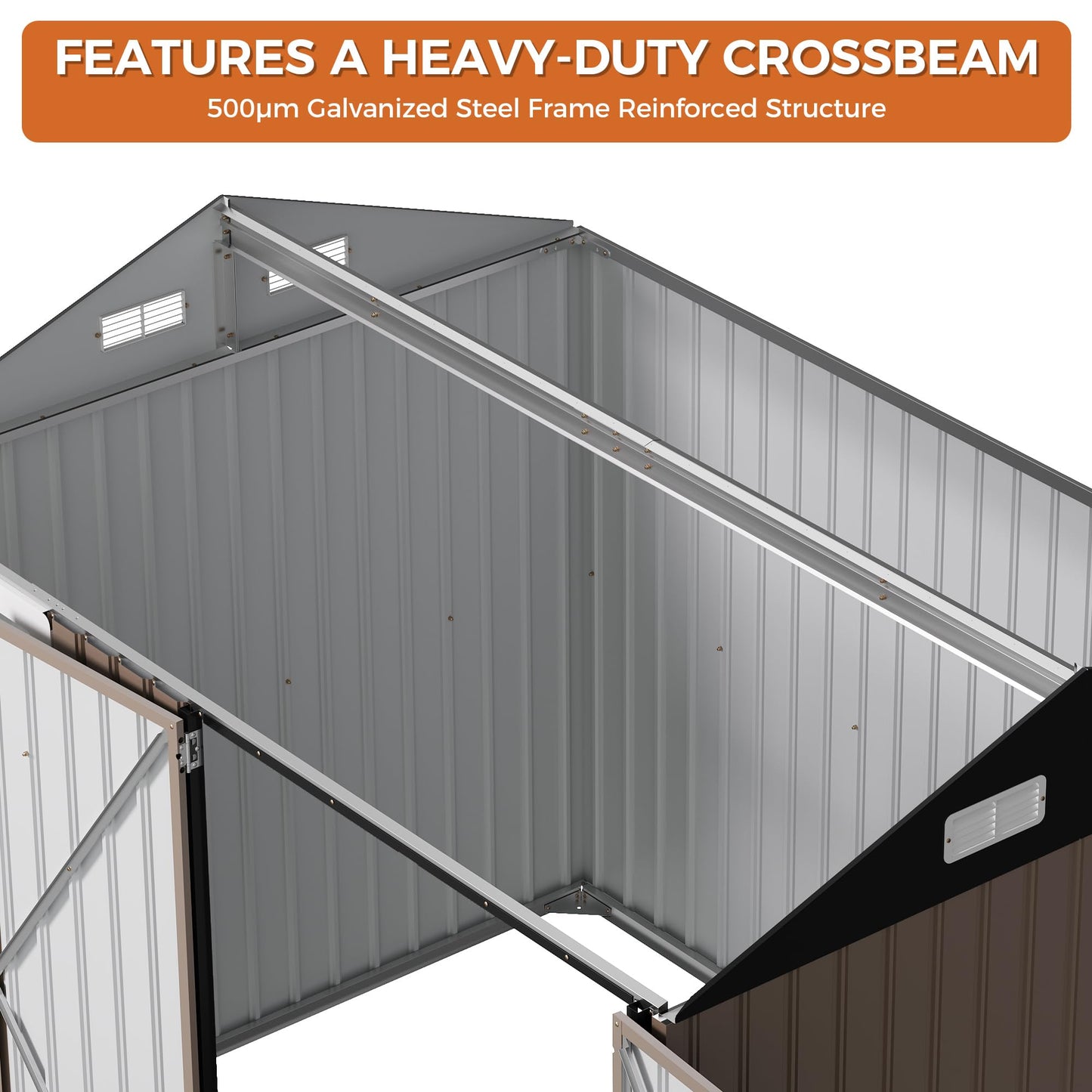 IRONCK 8x6FT Outdoor Storage Shed with Clear Window, Tool Shed with Breathable Vent and Lockable Doors, Metal Garden Storage for Poolside, Patio, Backyard, Brown
