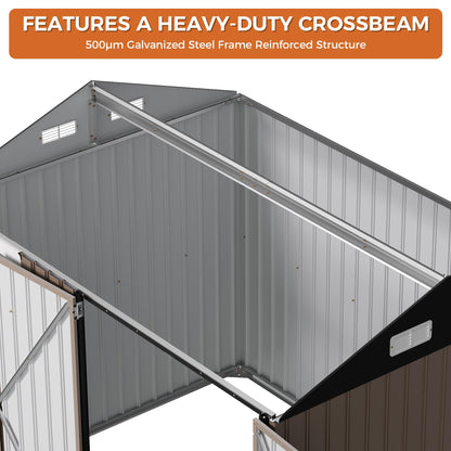IRONCK 8x6FT Outdoor Storage Shed with Clear Window, Tool Shed with Breathable Vent and Lockable Doors, Metal Garden Storage for Poolside, Patio, Backyard, Brown