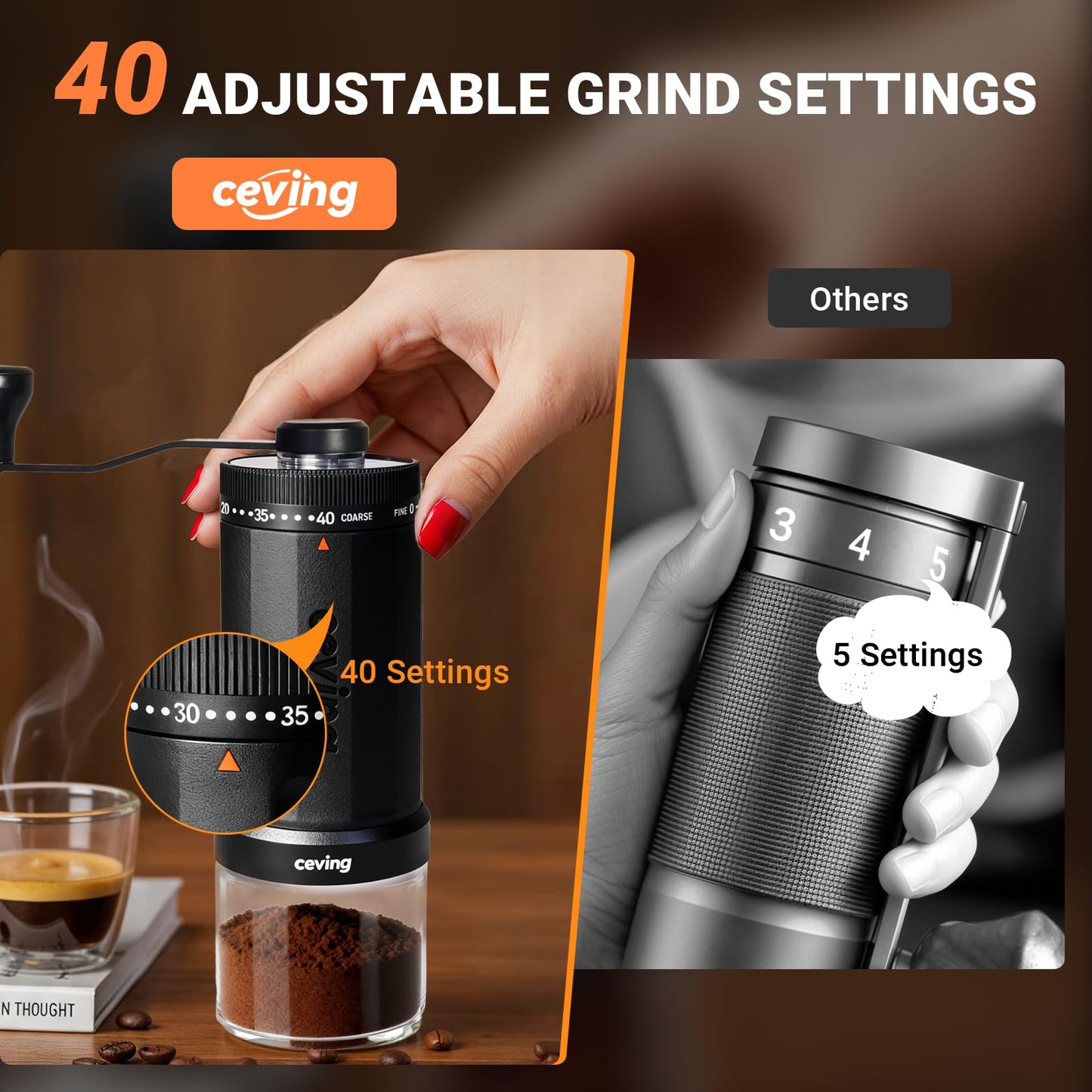 World's First 60g Large Capacity Manual Coffee Grinder, Portable Hand Coffee Bean Mill with 40 Adjustable Settings, Stainless steel Burr Grinder for Espresso, Pour Over, Camping, Travel, Gift, etc