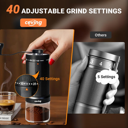 World's First 60g Large Capacity Manual Coffee Grinder, Portable Hand Coffee Bean Mill with 40 Adjustable Settings, Stainless steel Burr Grinder for Espresso, Pour Over, Camping, Travel, Gift, etc