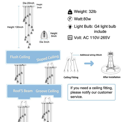ABTTOI 16-Lights High Ceiling Chandelier H130 Modern Chandeliers LED High Ceiling Pendant Light Bubble Crystal Chandelier for Foyer Hallway Stairwell Black Adjustable Long Lights Fixture