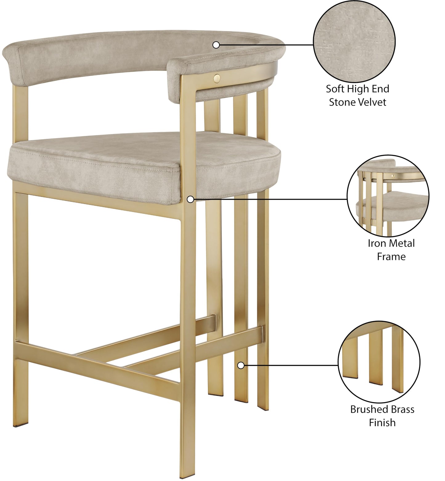 Meridian Furniture 596Stone-C Marcello Collection Modern | Contemporary Velvet Upholstered Counter Height Stool with Brushed Brass Iron Frame, 22.5" W x 20" D x 35.5" H, Stone, Set of 2