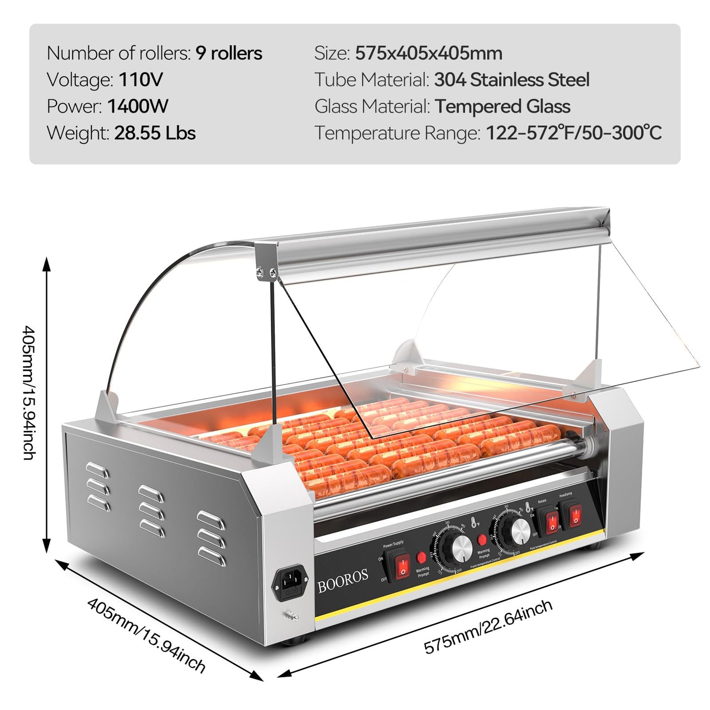 BOOROS 9 Roller Hot Dog Machine 1400W Commercial Hot Dog Roller Stainless Steel with Dual Temp Control,Removable Tempered Glass Cover & LED Lights,24 Hot Dogs Capacity for Parties,Events & Food Stalls