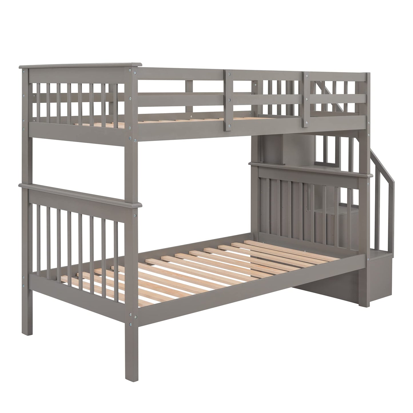 Ball & Cast Twin-Over-Twin Bunk Bed with Storage Ladder and Full-Length Guard Rail,Wood Bunkbed w/Slat Support,Space Saving,Bedframe Furniture for Student Dorms,Studio,Gray