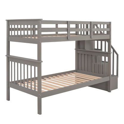 Ball & Cast Twin-Over-Twin Bunk Bed with Storage Ladder and Full-Length Guard Rail,Wood Bunkbed w/Slat Support,Space Saving,Bedframe Furniture for Student Dorms,Studio,Gray
