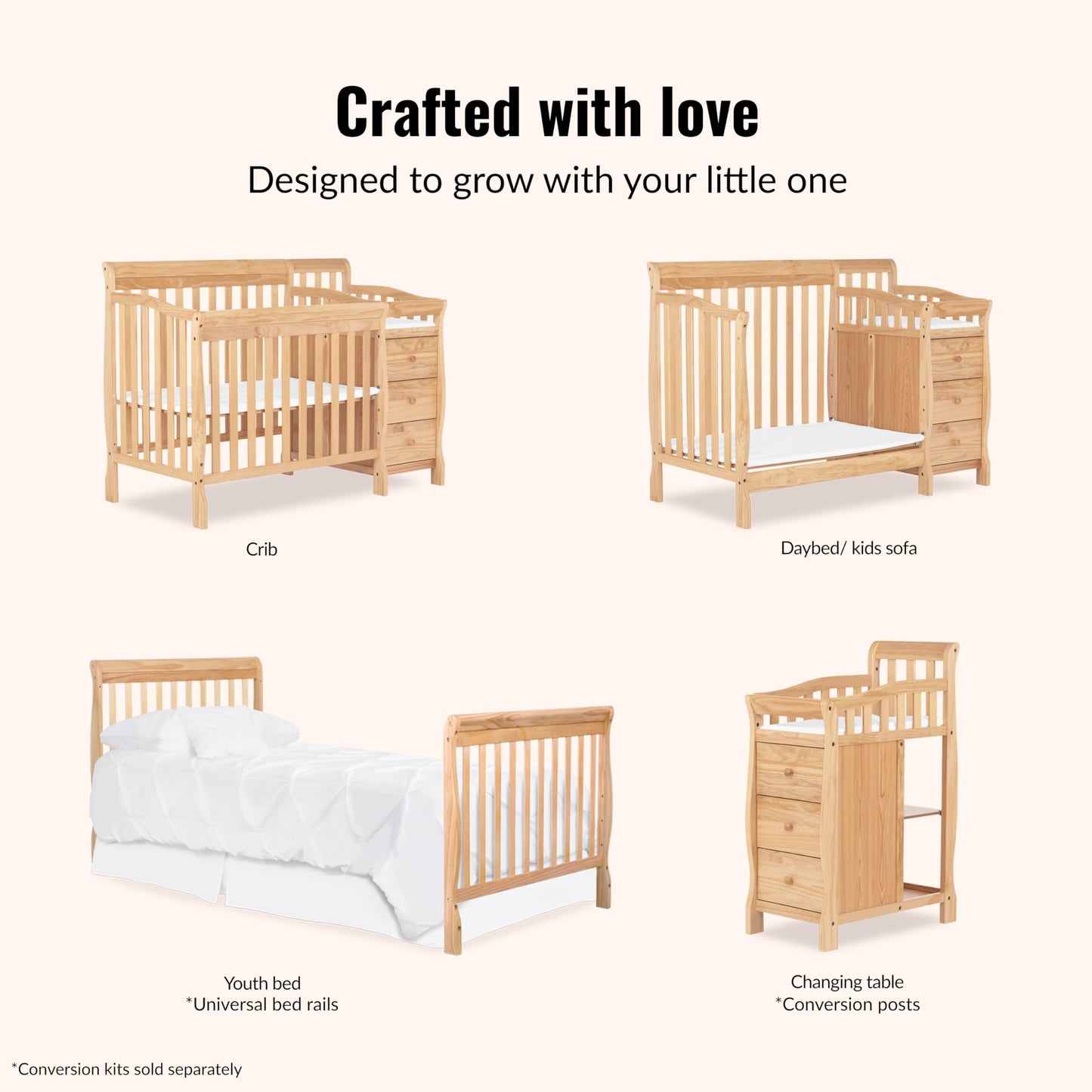 Dream On Me Jayden 4‑in‑1 Mini Convertible Baby Crib & Changer with Storage in Natural, Pinewood, GreenGuard Gold & BSA, 1” Mattress Pad, 3 Mattress Heights, Converts to Mini Day & Twin-Size Bed