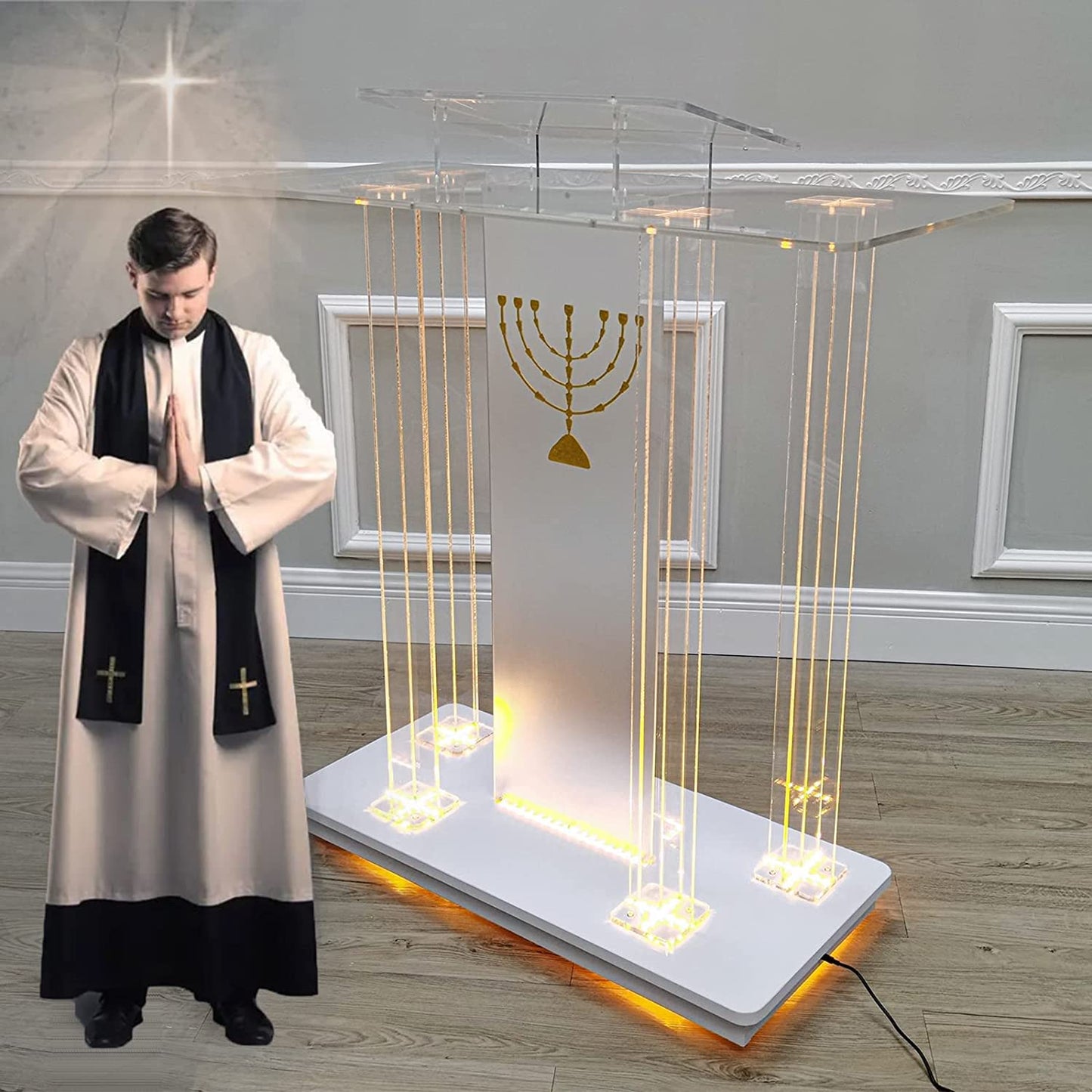 LaseVe Podium Podium Acrylic Lectern Pulpit Large Rolling Luminous Lecture Stage Welcome Stage Reception Host Podium Conference Stage with Casters Luxury Reading Table,#1