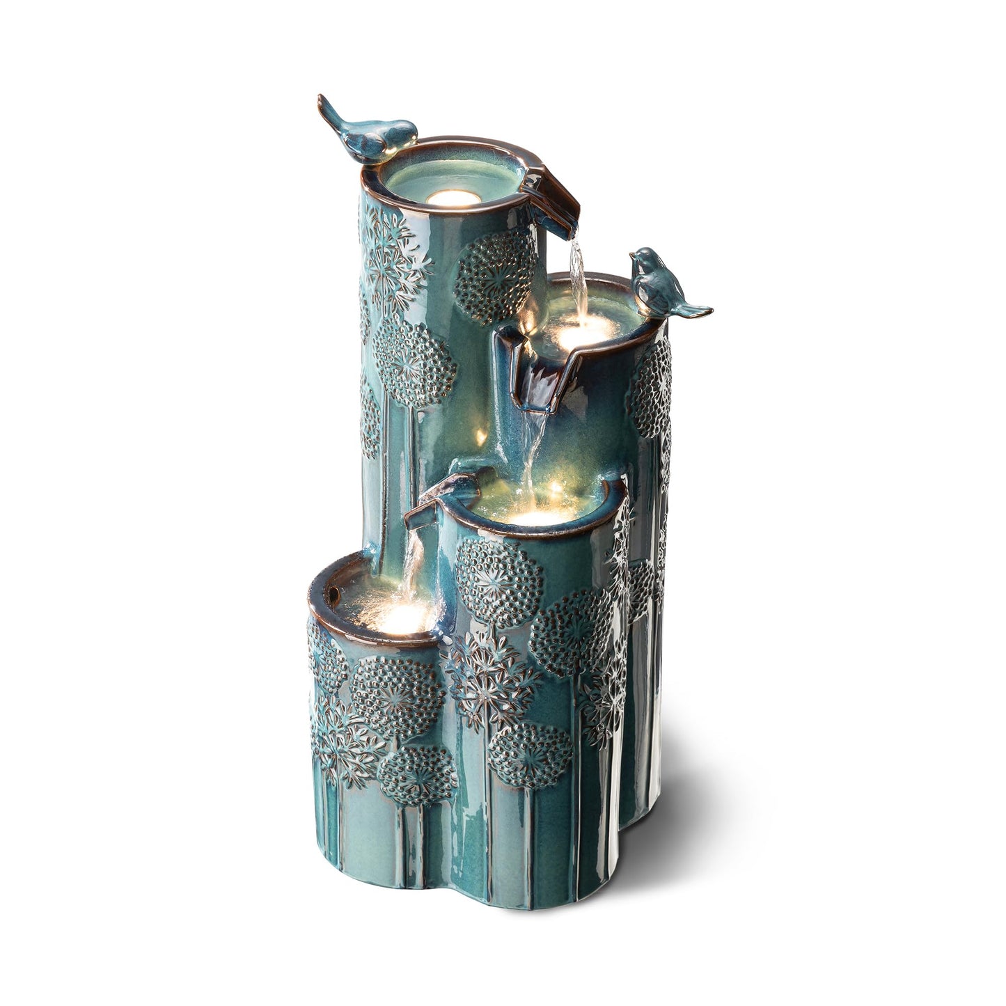 Glitzhome 31.75" H Outdoor Water Fountain with LED Lights and Pump, 4 Tier Dandelion Texture Vase Shaped Ceramic Floor Standing Fountain with Birds for Porch Deck Garden Patio Backyard, Turquoise
